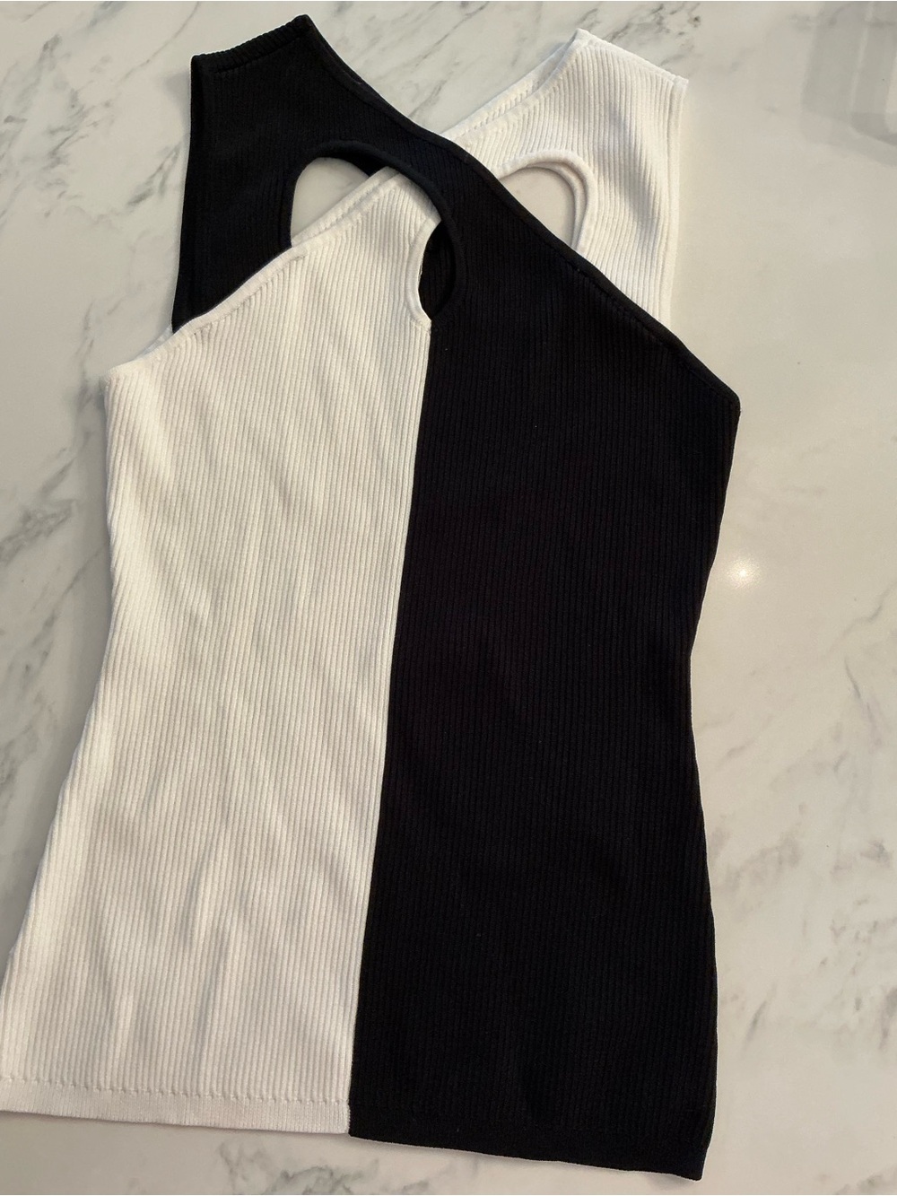 White House Black Market Black and White Ribbed One-Shoulder Tank